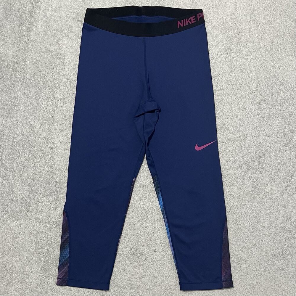 Nike Pro Pants Womens L Blue Dri Fit Cool Compression Capri Leggings
